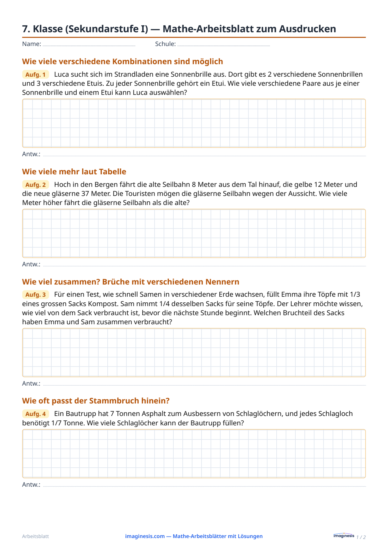 7. Klasse (Sekundarstufe I) — Mathe-Arbeitsblatt zum Ausdrucken — Schülerblatt: Mathe-Arbeitsblatt zum Ausdrucken (7. Klasse (Sekundarstufe I), Schweiz)