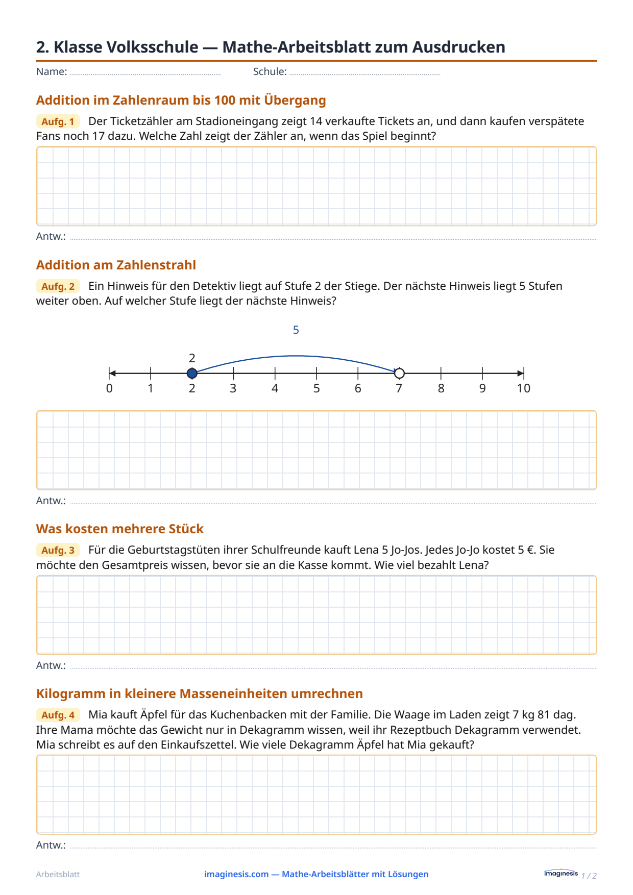2. Klasse Volksschule — Mathe-Arbeitsblatt zum Ausdrucken — Schülerblatt: Mathe-Arbeitsblatt zum Ausdrucken (2. Klasse Volksschule, Österreich)
