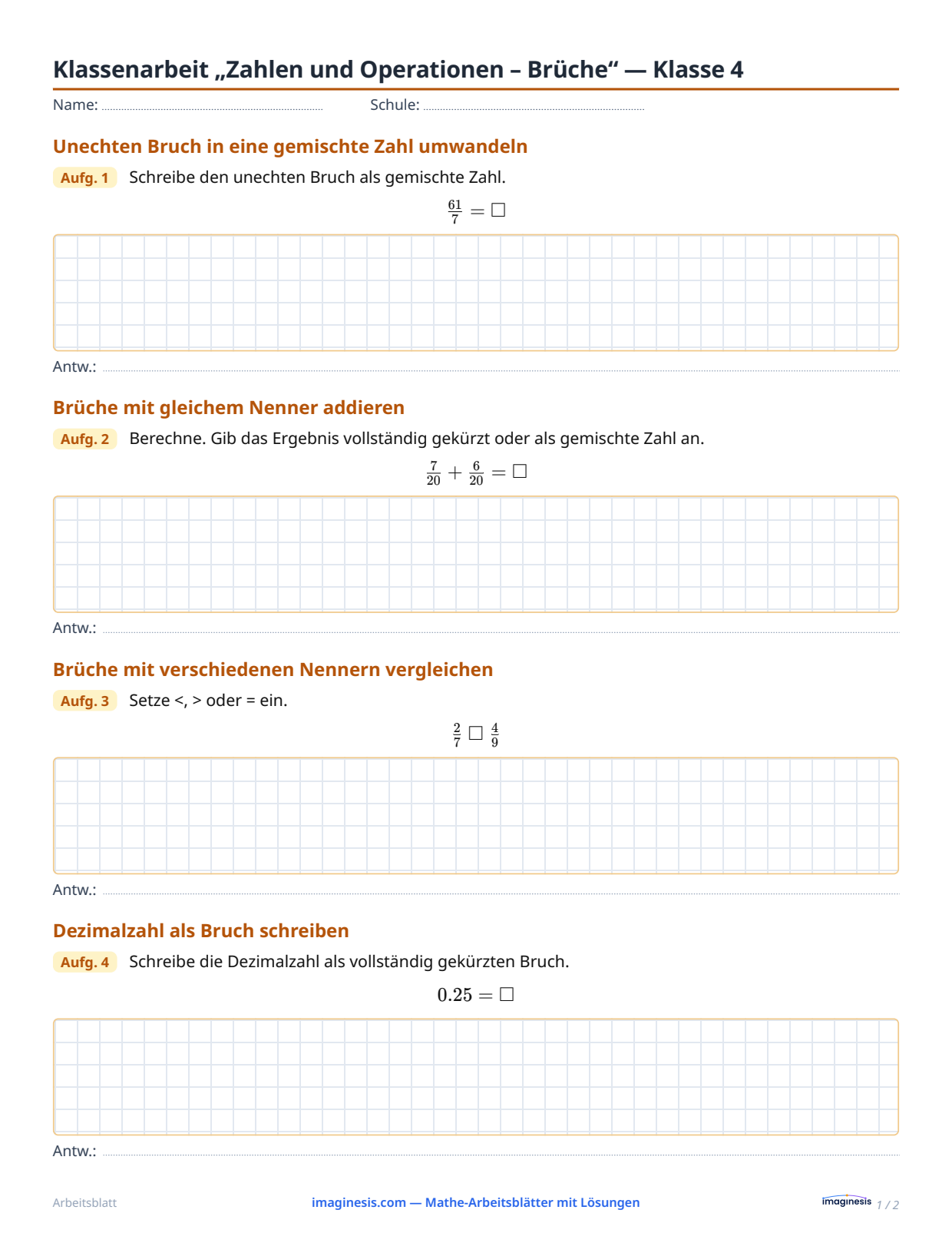 Klassenarbeit „Zahlen und Operationen – Brüche“ — Klasse 4 — Schülerblatt: Mathe-Arbeitsblatt zum Ausdrucken (Klasse 4, Vereinigte Staaten)