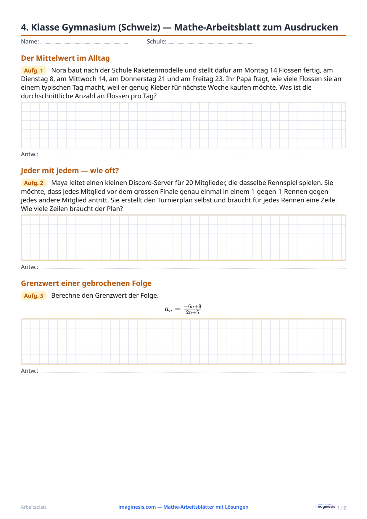 4. Klasse Gymnasium (Schweiz) — Mathe-Arbeitsblatt zum Ausdrucken — Schülerblatt: Mathe-Arbeitsblatt zum Ausdrucken (4. Klasse Gymnasium, Schweiz)
