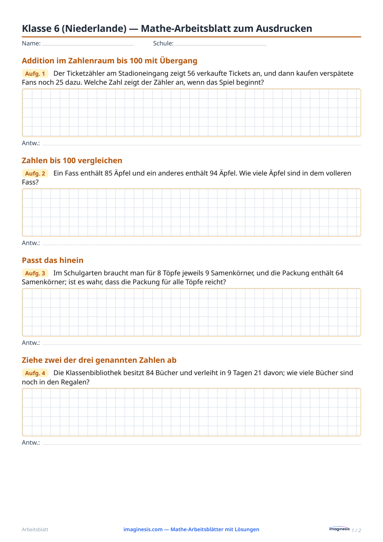 Klasse 6 (Niederlande) — Mathe-Arbeitsblatt zum Ausdrucken — Schülerblatt: Mathe-Arbeitsblatt zum Ausdrucken (Klasse 6, Niederlande)