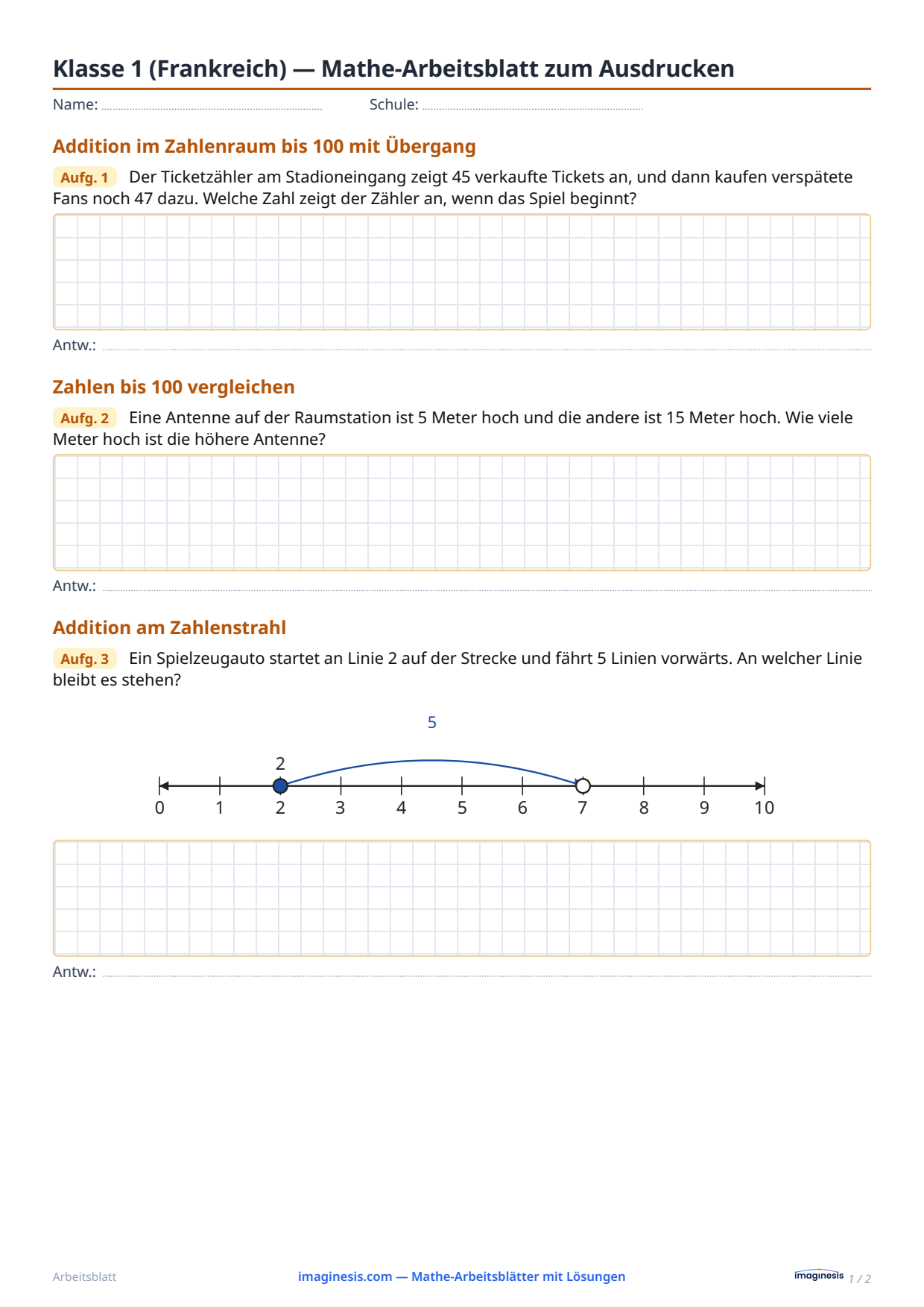 Klasse 1 (Frankreich) — Mathe-Arbeitsblatt zum Ausdrucken — Schülerblatt: Mathe-Arbeitsblatt zum Ausdrucken (Klasse 1, Frankreich)