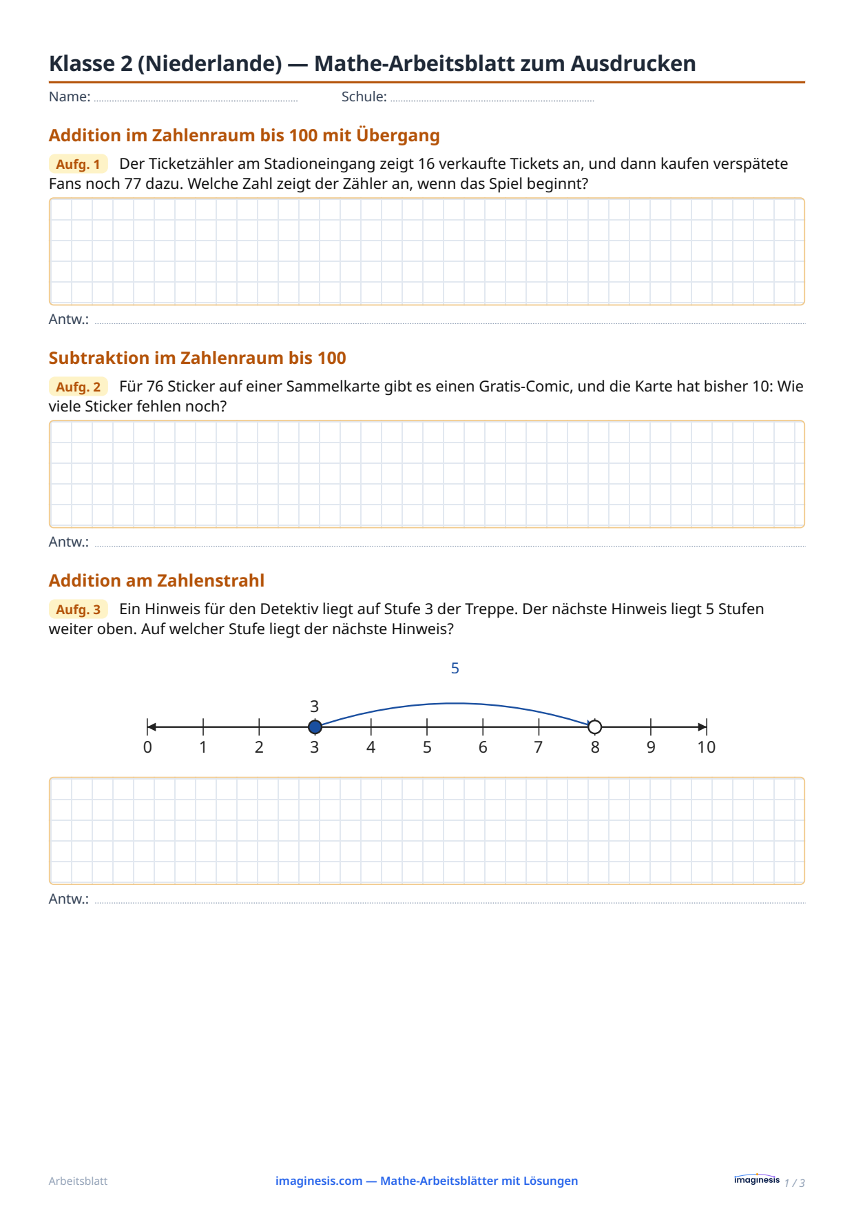 Klasse 2 (Niederlande) — Mathe-Arbeitsblatt zum Ausdrucken — Schülerblatt: Mathe-Arbeitsblatt zum Ausdrucken (Klasse 2, Niederlande)