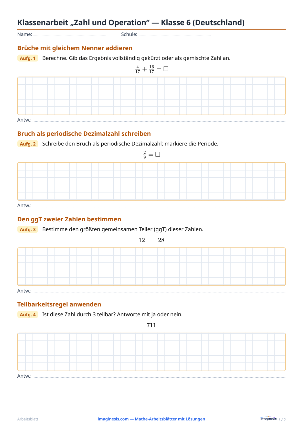 Klassenarbeit „Zahl und Operation“ — Klasse 6 (Deutschland) — Schülerblatt: Mathe-Arbeitsblatt zum Ausdrucken (Klasse 6, Deutschland)