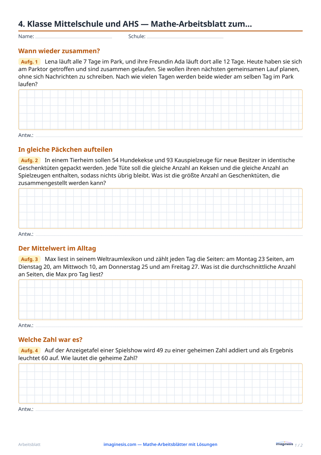 4. Klasse Mittelschule und AHS — Mathe-Arbeitsblatt zum… — Schülerblatt: Mathe-Arbeitsblatt zum Ausdrucken (4. Klasse Mittelschule und AHS, Österreich)