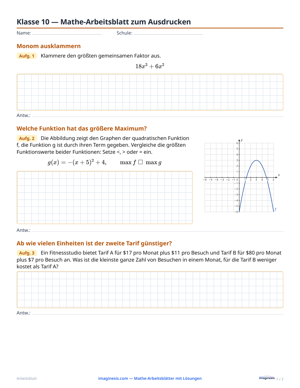 Klasse 10 — Mathe-Arbeitsblatt zum Ausdrucken — Schülerblatt: Mathe-Arbeitsblatt zum Ausdrucken (Klasse 10, Vereinigte Staaten)