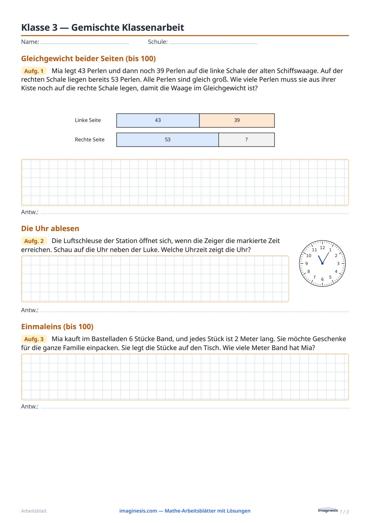 Klasse 3 — Gemischte Klassenarbeit — Schülerblatt: Mathe-Arbeitsblatt zum Ausdrucken (Klasse 3 der Grundschule, Deutschland)