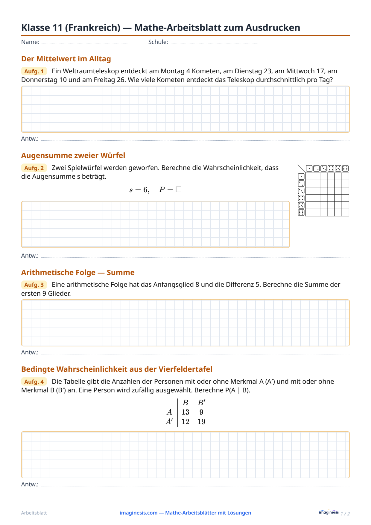 Klasse 11 (Frankreich) — Mathe-Arbeitsblatt zum Ausdrucken — Schülerblatt: Mathe-Arbeitsblatt zum Ausdrucken (Klasse 11, Frankreich)
