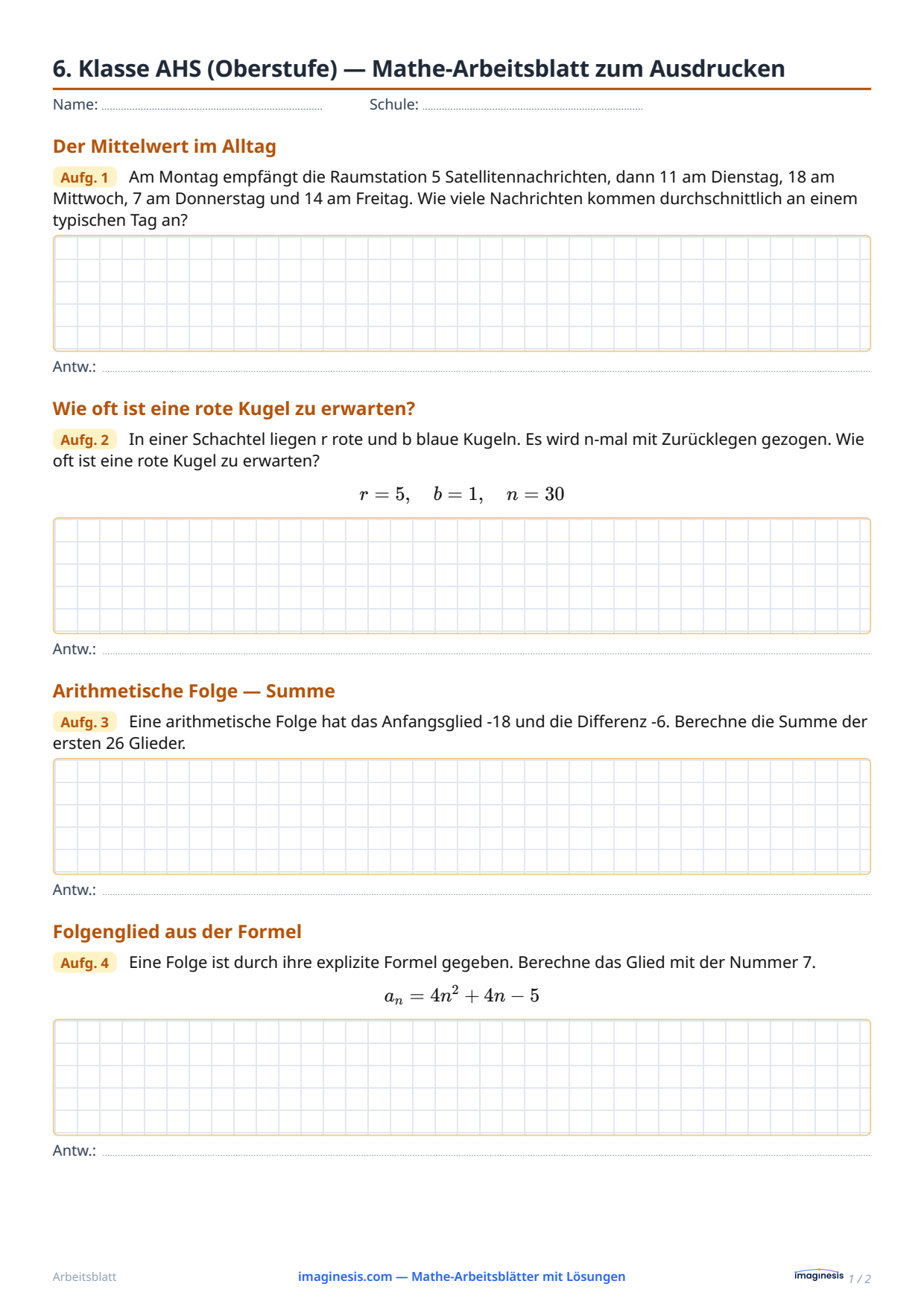 6. Klasse AHS (Oberstufe) — Mathe-Arbeitsblatt zum Ausdrucken — Schülerblatt: Mathe-Arbeitsblatt zum Ausdrucken (6. Klasse AHS (Oberstufe), Österreich)