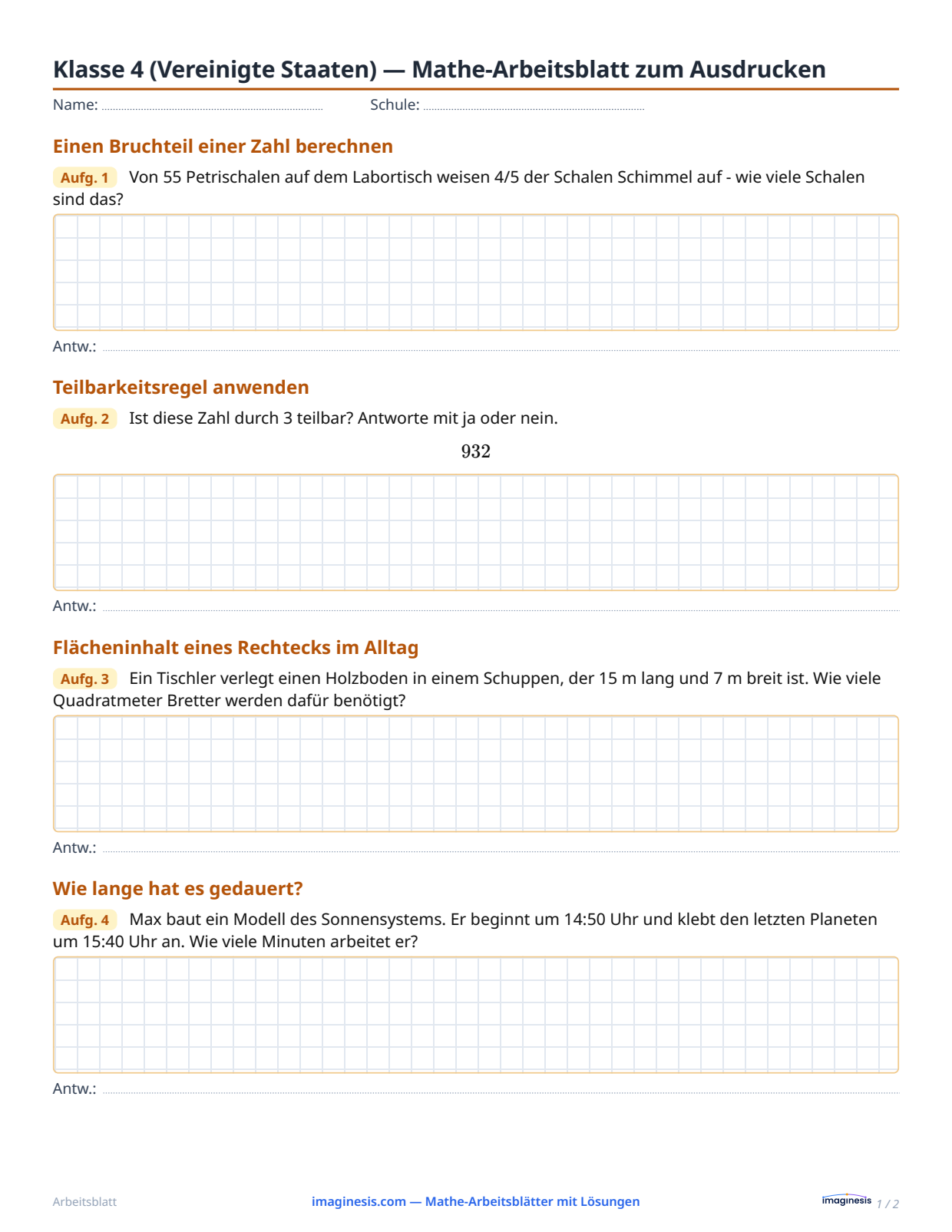 Klasse 4 (Vereinigte Staaten) — Mathe-Arbeitsblatt zum Ausdrucken — Schülerblatt: Mathe-Arbeitsblatt zum Ausdrucken (Klasse 4, Vereinigte Staaten)