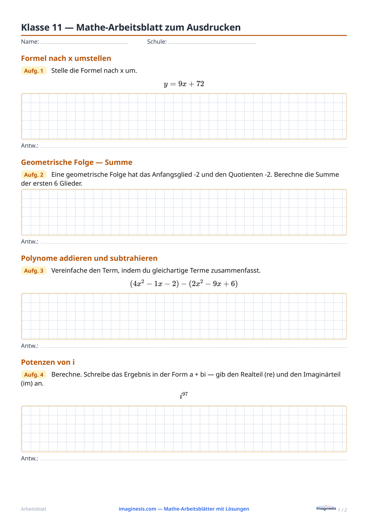 Klasse 11 — Mathe-Arbeitsblatt zum Ausdrucken — Schülerblatt: Mathe-Arbeitsblatt zum Ausdrucken (Klasse 11, Vereinigte Staaten)