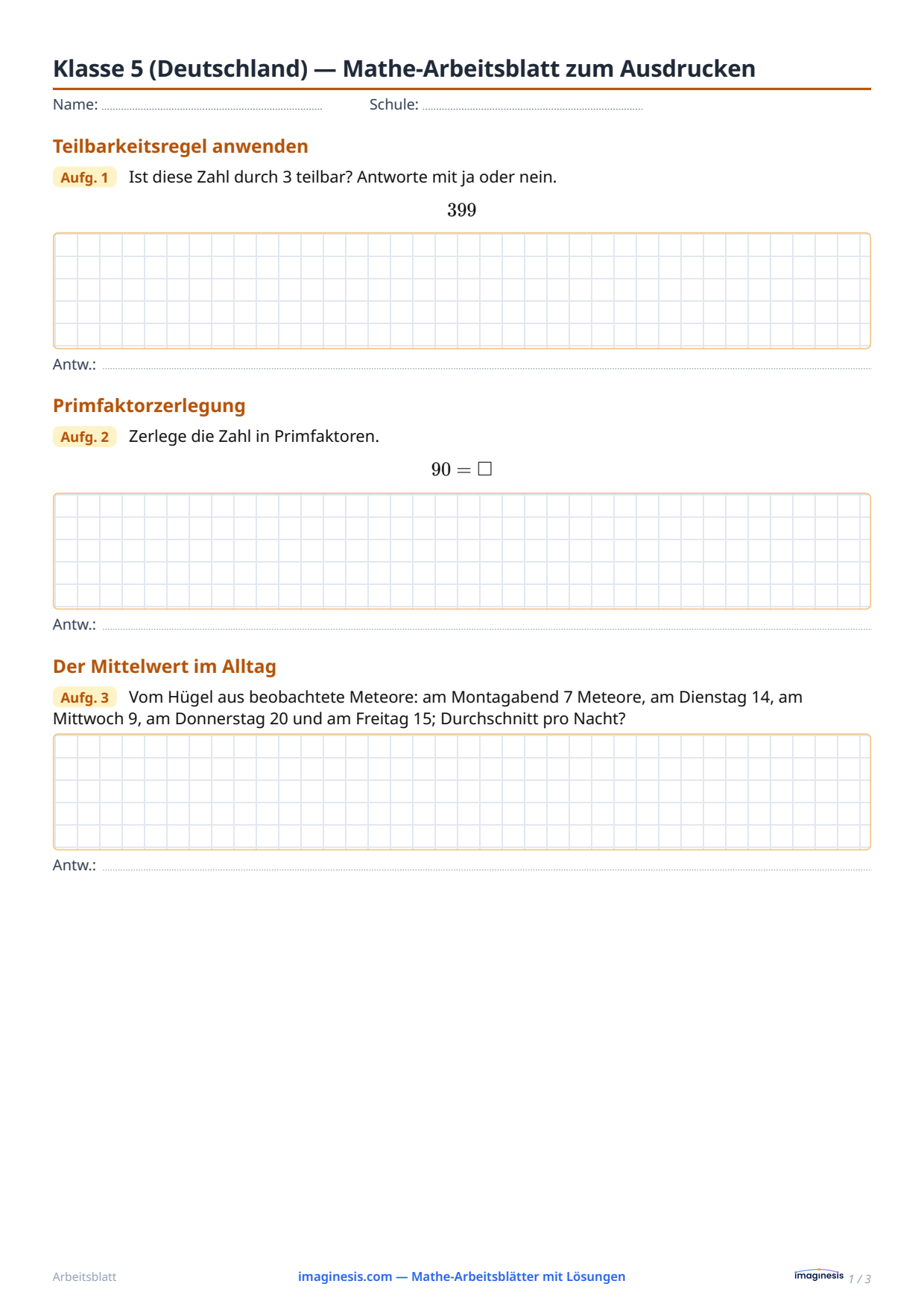 Klasse 5 (Deutschland) — Mathe-Arbeitsblatt zum Ausdrucken — Schülerblatt: Mathe-Arbeitsblatt zum Ausdrucken (Klasse 5, Deutschland)