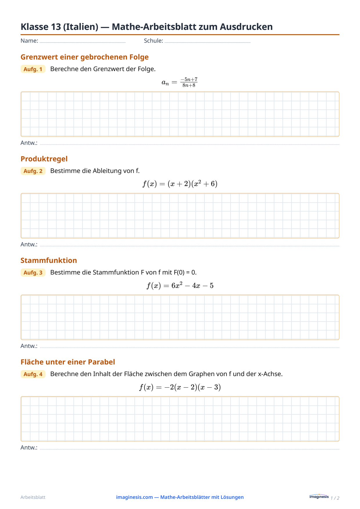 Klasse 13 (Italien) — Mathe-Arbeitsblatt zum Ausdrucken — Schülerblatt: Mathe-Arbeitsblatt zum Ausdrucken (Klasse 13, Italien)