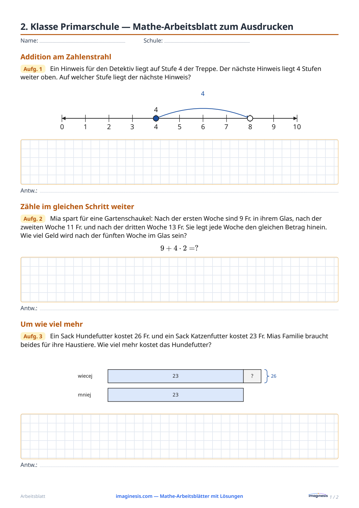 2. Klasse Primarschule — Mathe-Arbeitsblatt zum Ausdrucken — Schülerblatt: Mathe-Arbeitsblatt zum Ausdrucken (2. Klasse Primarschule, Schweiz)