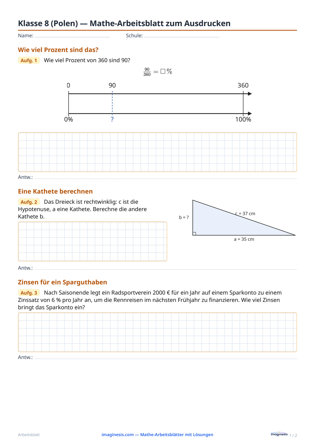 Klasse 8 (Polen) — Mathe-Arbeitsblatt zum Ausdrucken — Schülerblatt: Mathe-Arbeitsblatt zum Ausdrucken (Klasse 8, Polen)
