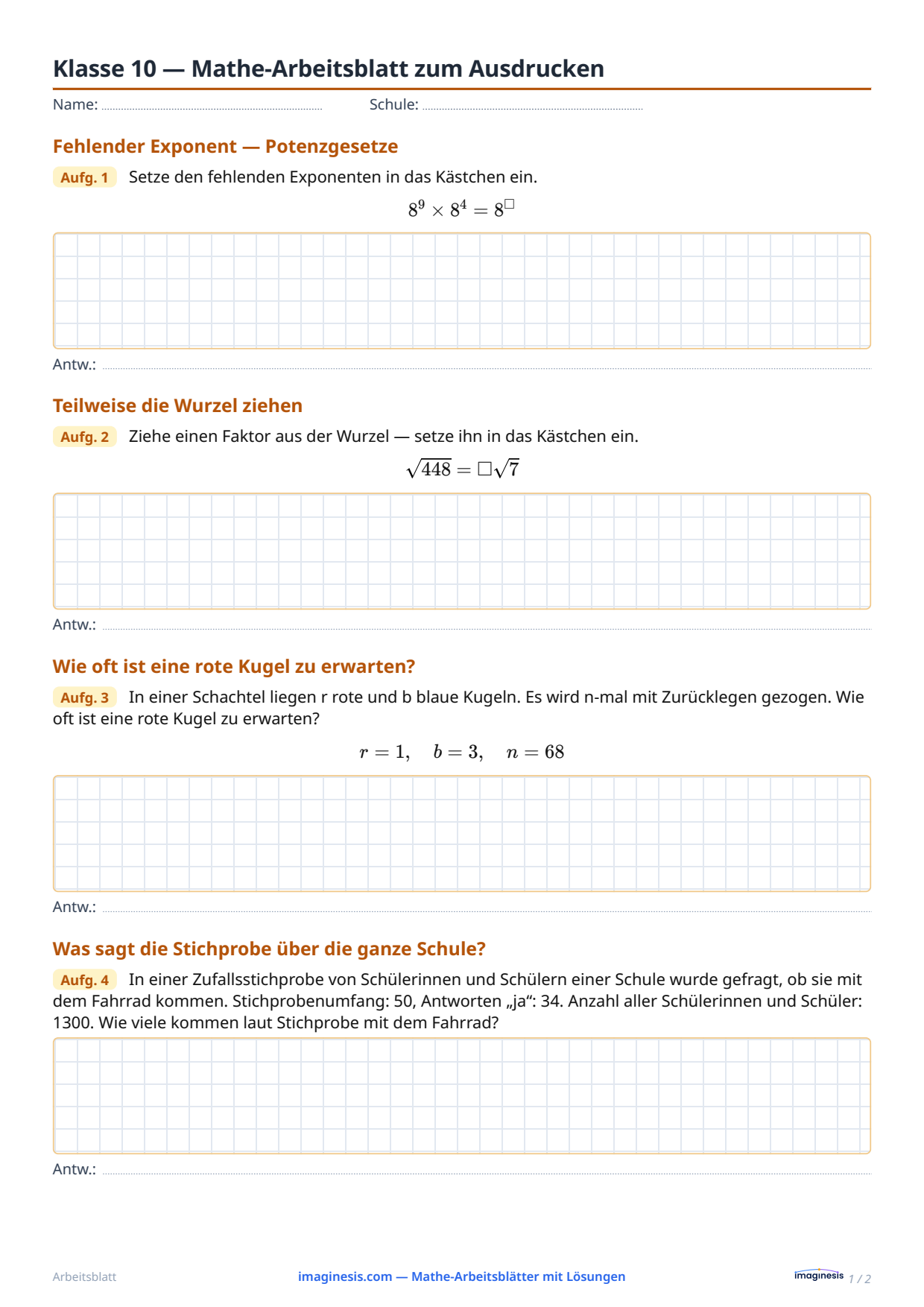 Klasse 10 — Mathe-Arbeitsblatt zum Ausdrucken — Schülerblatt: Mathe-Arbeitsblatt zum Ausdrucken (Klasse 10, Vereinigtes Königreich)