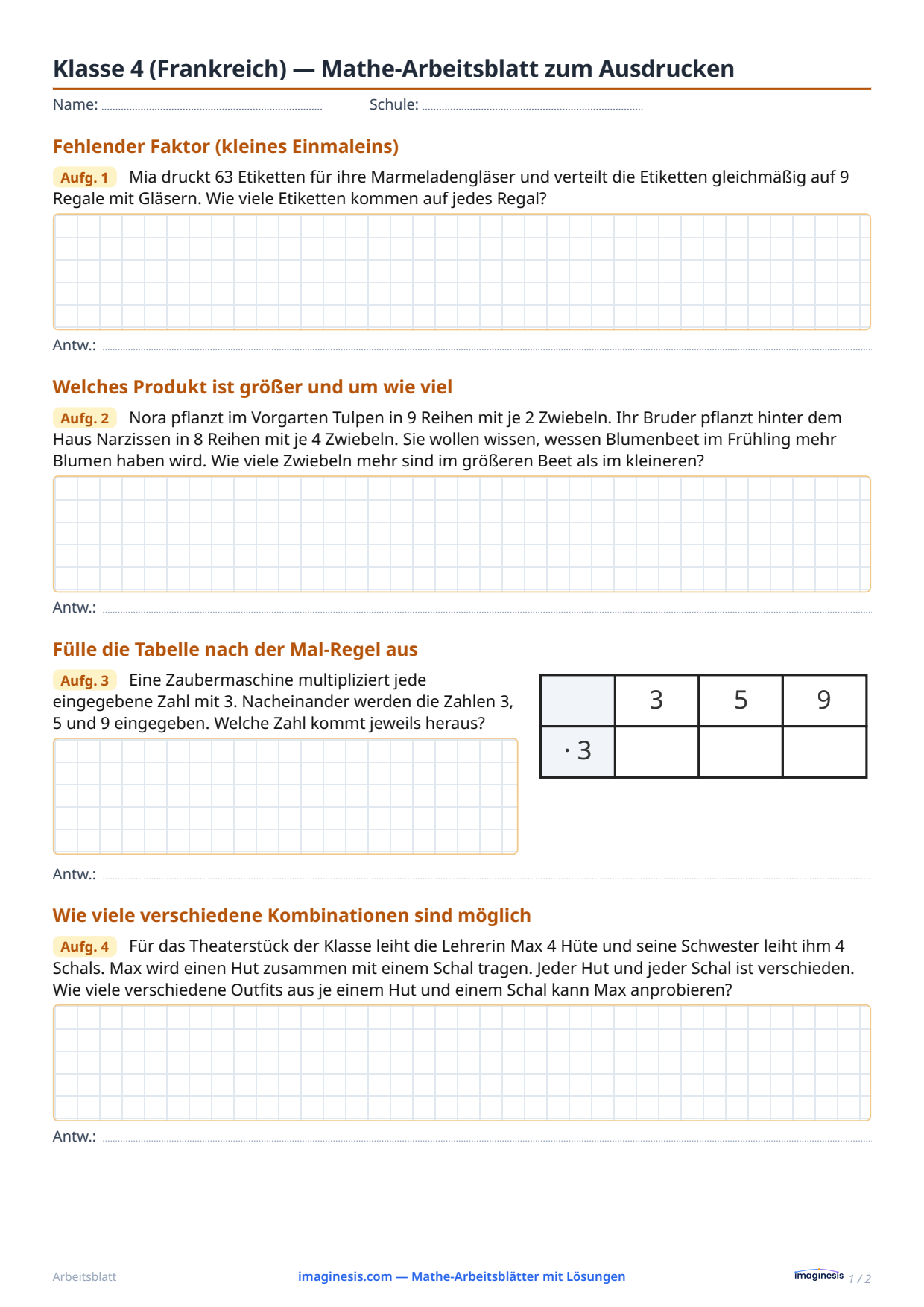 Klasse 4 (Frankreich) — Mathe-Arbeitsblatt zum Ausdrucken — Schülerblatt: Mathe-Arbeitsblatt zum Ausdrucken (Klasse 4, Frankreich)