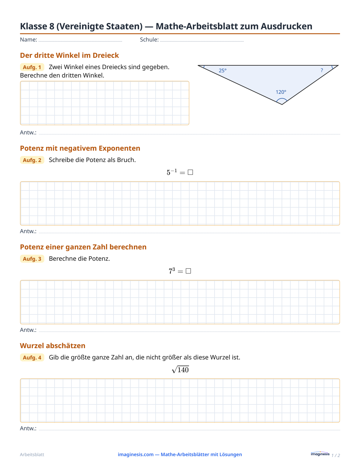 Klasse 8 (Vereinigte Staaten) — Mathe-Arbeitsblatt zum Ausdrucken — Schülerblatt: Mathe-Arbeitsblatt zum Ausdrucken (Klasse 8, Vereinigte Staaten)