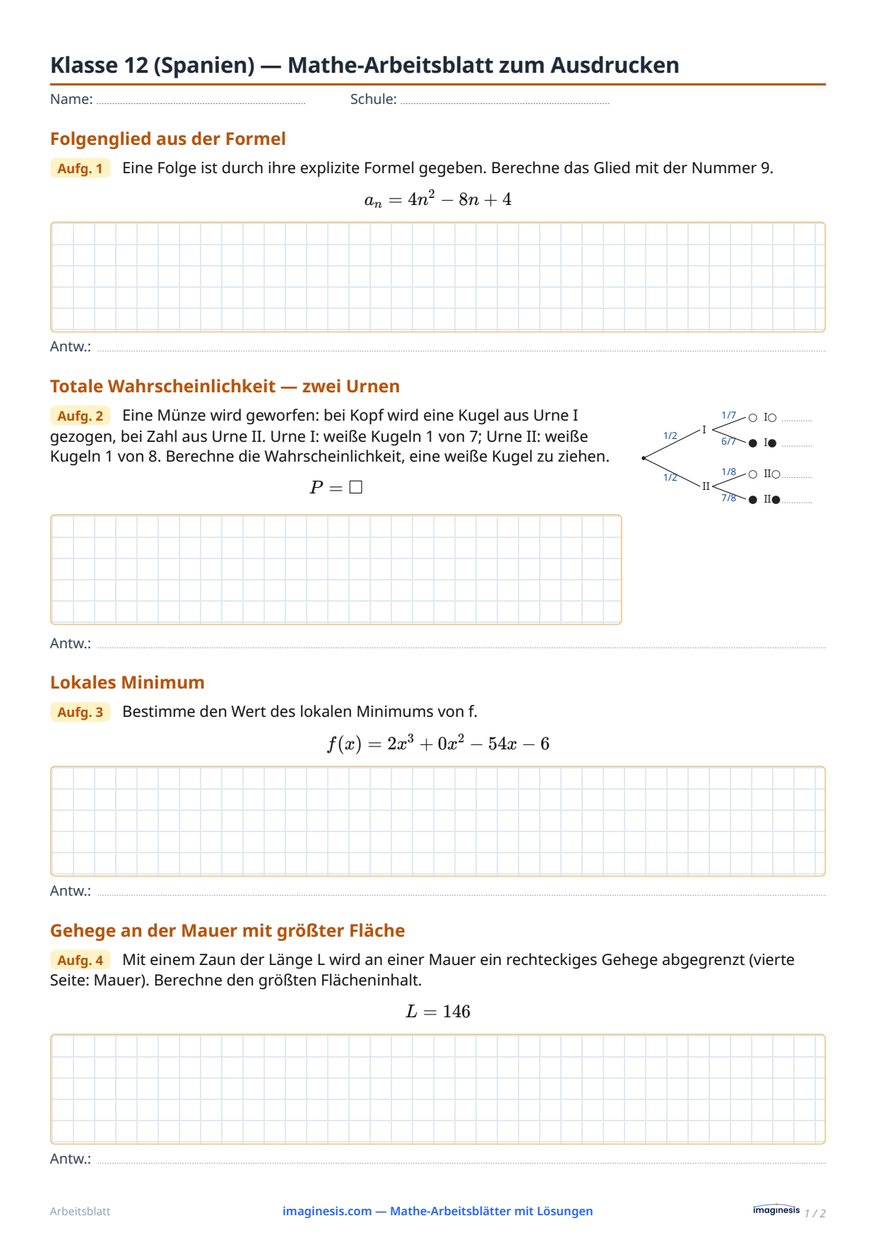 Klasse 12 (Spanien) — Mathe-Arbeitsblatt zum Ausdrucken — Schülerblatt: Mathe-Arbeitsblatt zum Ausdrucken (Klasse 12, Spanien)