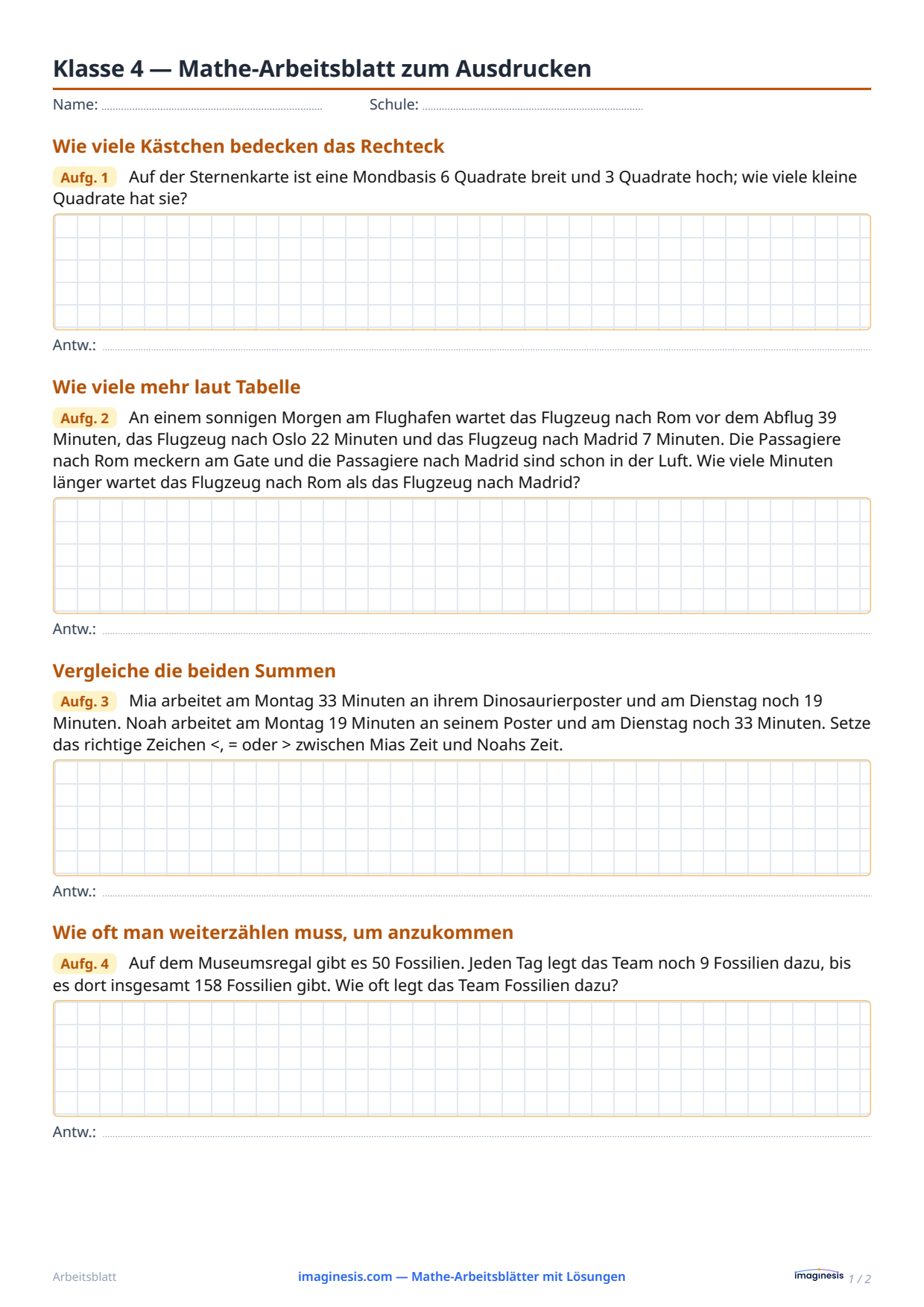 Klasse 4 — Mathe-Arbeitsblatt zum Ausdrucken — Schülerblatt: Mathe-Arbeitsblatt zum Ausdrucken (Klasse 4, Vereinigtes Königreich)