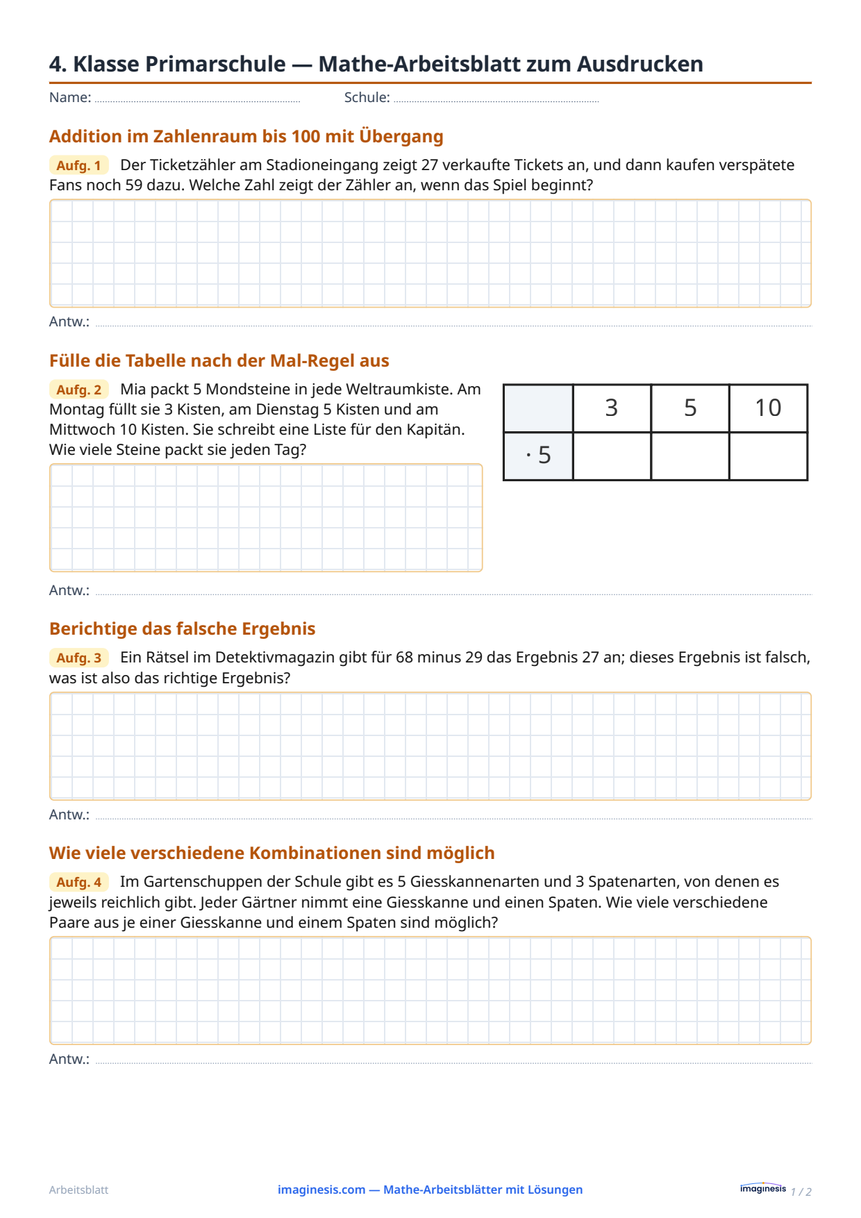 4. Klasse Primarschule — Mathe-Arbeitsblatt zum Ausdrucken — Schülerblatt: Mathe-Arbeitsblatt zum Ausdrucken (4. Klasse Primarschule, Schweiz)