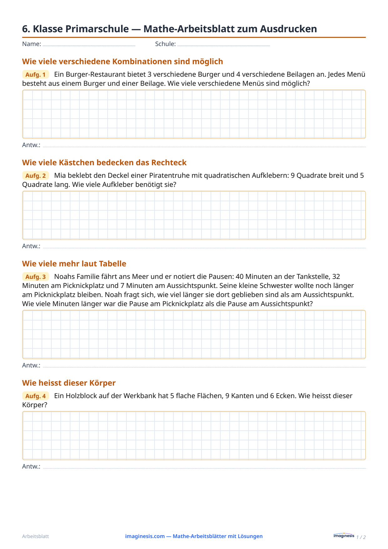 6. Klasse Primarschule — Mathe-Arbeitsblatt zum Ausdrucken — Schülerblatt: Mathe-Arbeitsblatt zum Ausdrucken (6. Klasse Primarschule, Schweiz)