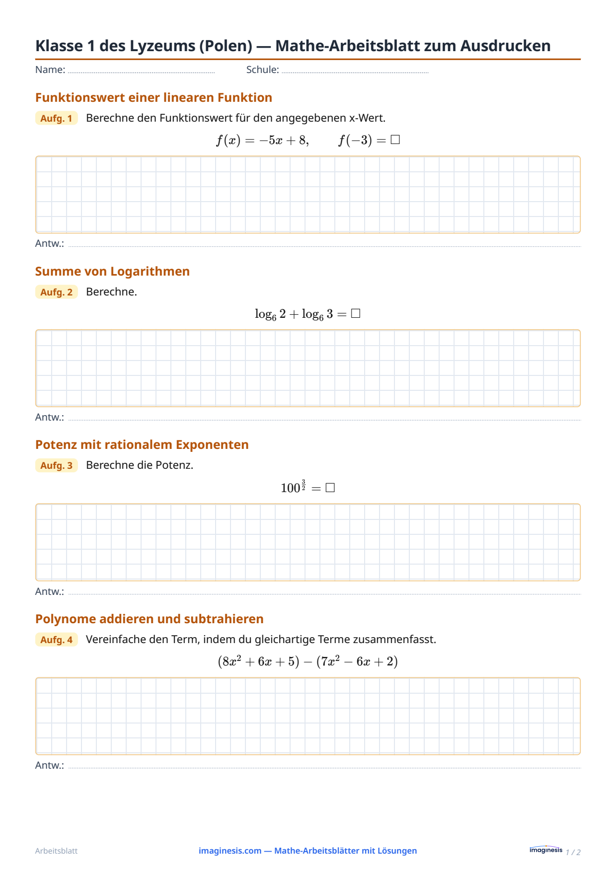 Klasse 1 des Lyzeums (Polen) — Mathe-Arbeitsblatt zum Ausdrucken — Schülerblatt: Mathe-Arbeitsblatt zum Ausdrucken (Klasse 1 des Lyzeums, Polen)