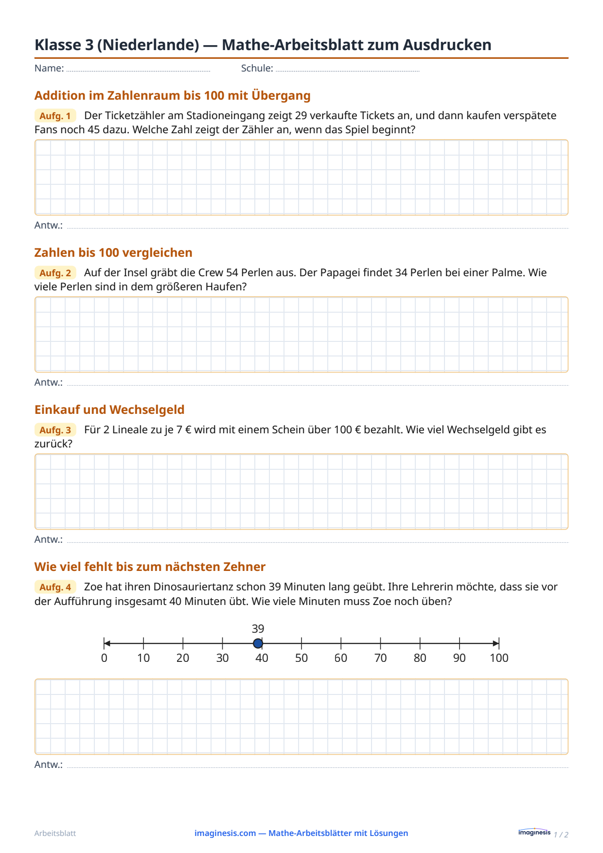Klasse 3 (Niederlande) — Mathe-Arbeitsblatt zum Ausdrucken — Schülerblatt: Mathe-Arbeitsblatt zum Ausdrucken (Klasse 3, Niederlande)