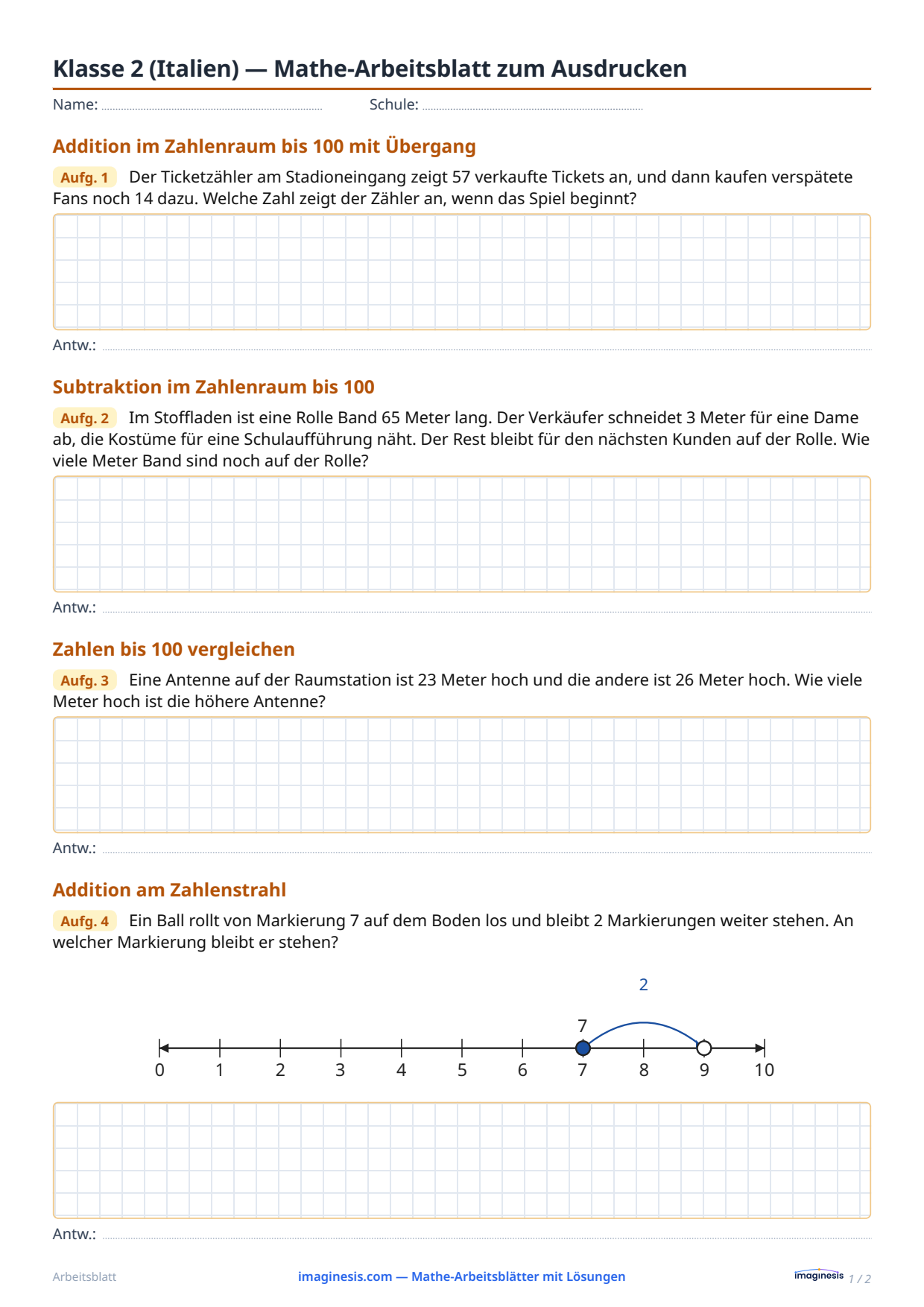 Klasse 2 (Italien) — Mathe-Arbeitsblatt zum Ausdrucken — Schülerblatt: Mathe-Arbeitsblatt zum Ausdrucken (Klasse 2, Italien)