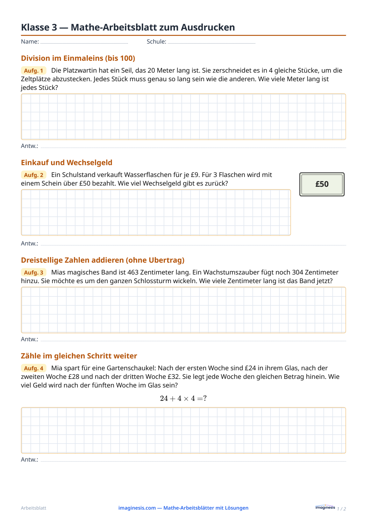 Klasse 3 — Mathe-Arbeitsblatt zum Ausdrucken — Schülerblatt: Mathe-Arbeitsblatt zum Ausdrucken (Klasse 3, Vereinigtes Königreich)