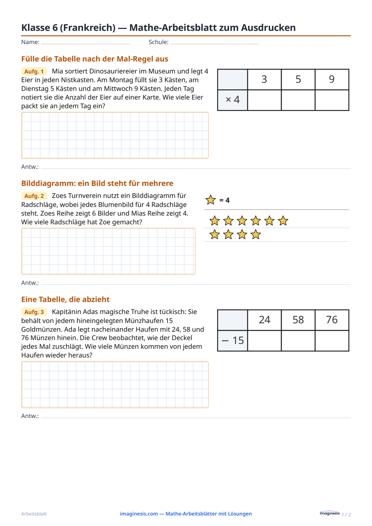Klasse 6 (Frankreich) — Mathe-Arbeitsblatt zum Ausdrucken — Schülerblatt: Mathe-Arbeitsblatt zum Ausdrucken (Klasse 6, Frankreich)