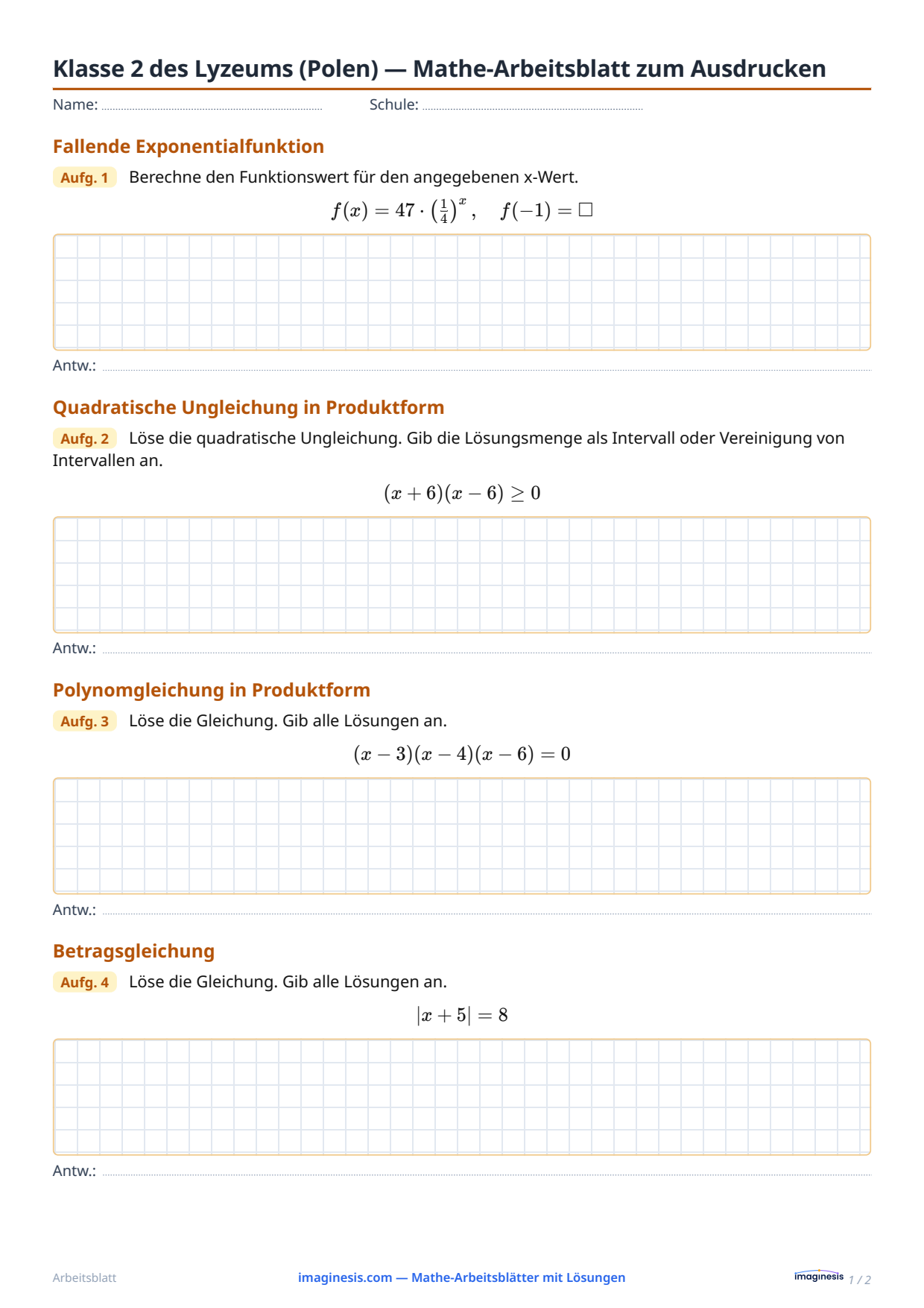 Klasse 2 des Lyzeums (Polen) — Mathe-Arbeitsblatt zum Ausdrucken — Schülerblatt: Mathe-Arbeitsblatt zum Ausdrucken (Klasse 2 des Lyzeums, Polen)
