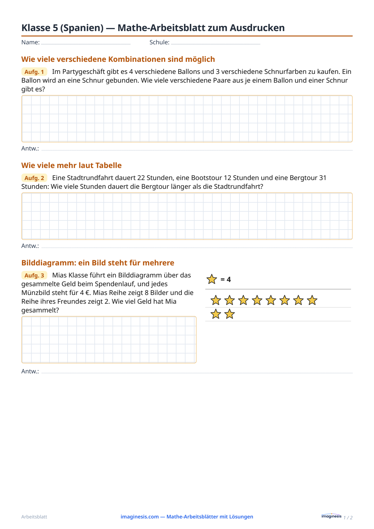Klasse 5 (Spanien) — Mathe-Arbeitsblatt zum Ausdrucken — Schülerblatt: Mathe-Arbeitsblatt zum Ausdrucken (Klasse 5, Spanien)