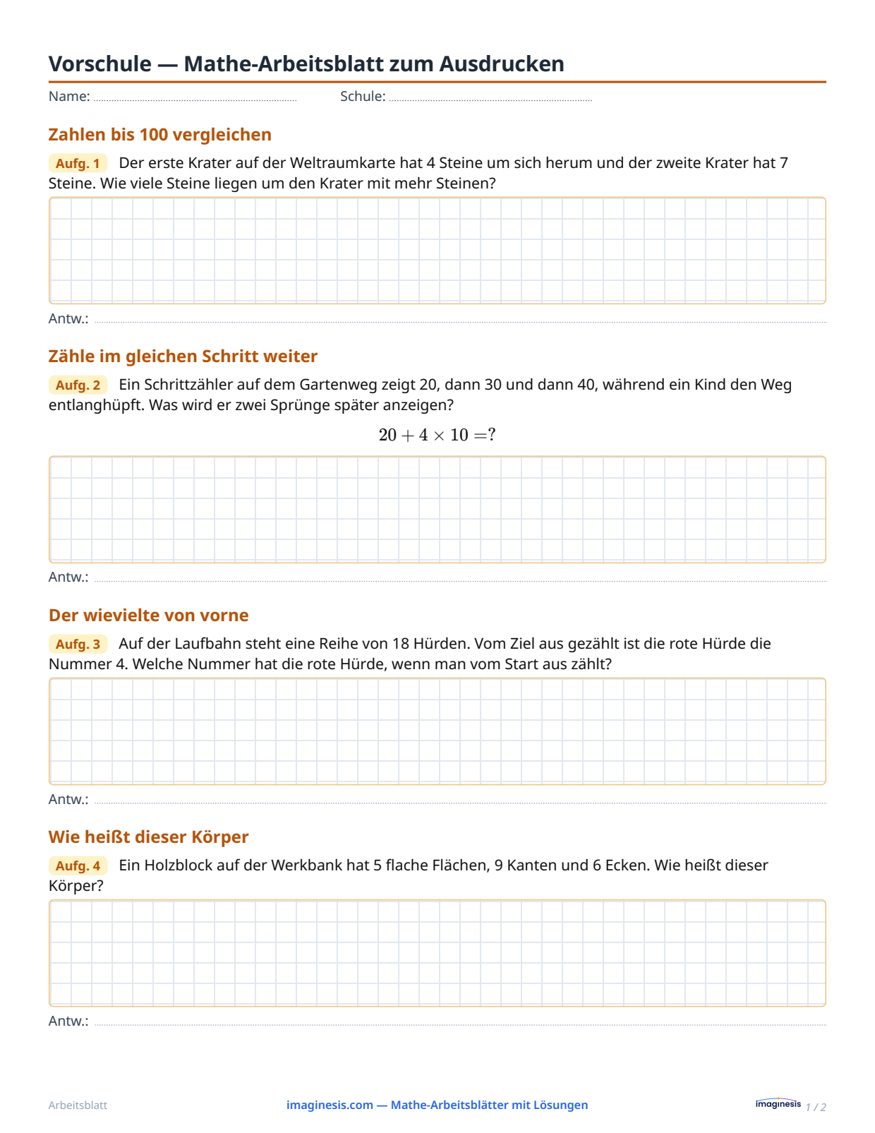 Vorschule — Mathe-Arbeitsblatt zum Ausdrucken — Schülerblatt: Mathe-Arbeitsblatt zum Ausdrucken (Vorschule, Vereinigte Staaten)