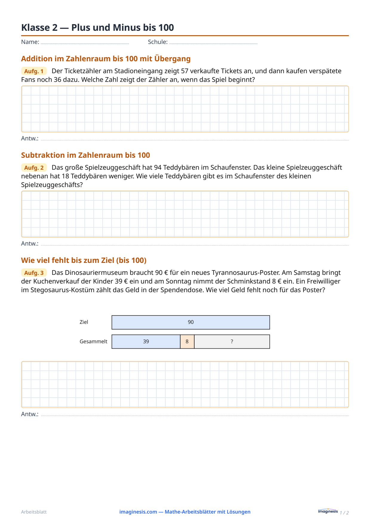 Klasse 2 — Plus und Minus bis 100 — Schülerblatt: Mathe-Arbeitsblatt zum Ausdrucken (Klasse 2 der Grundschule, Deutschland)