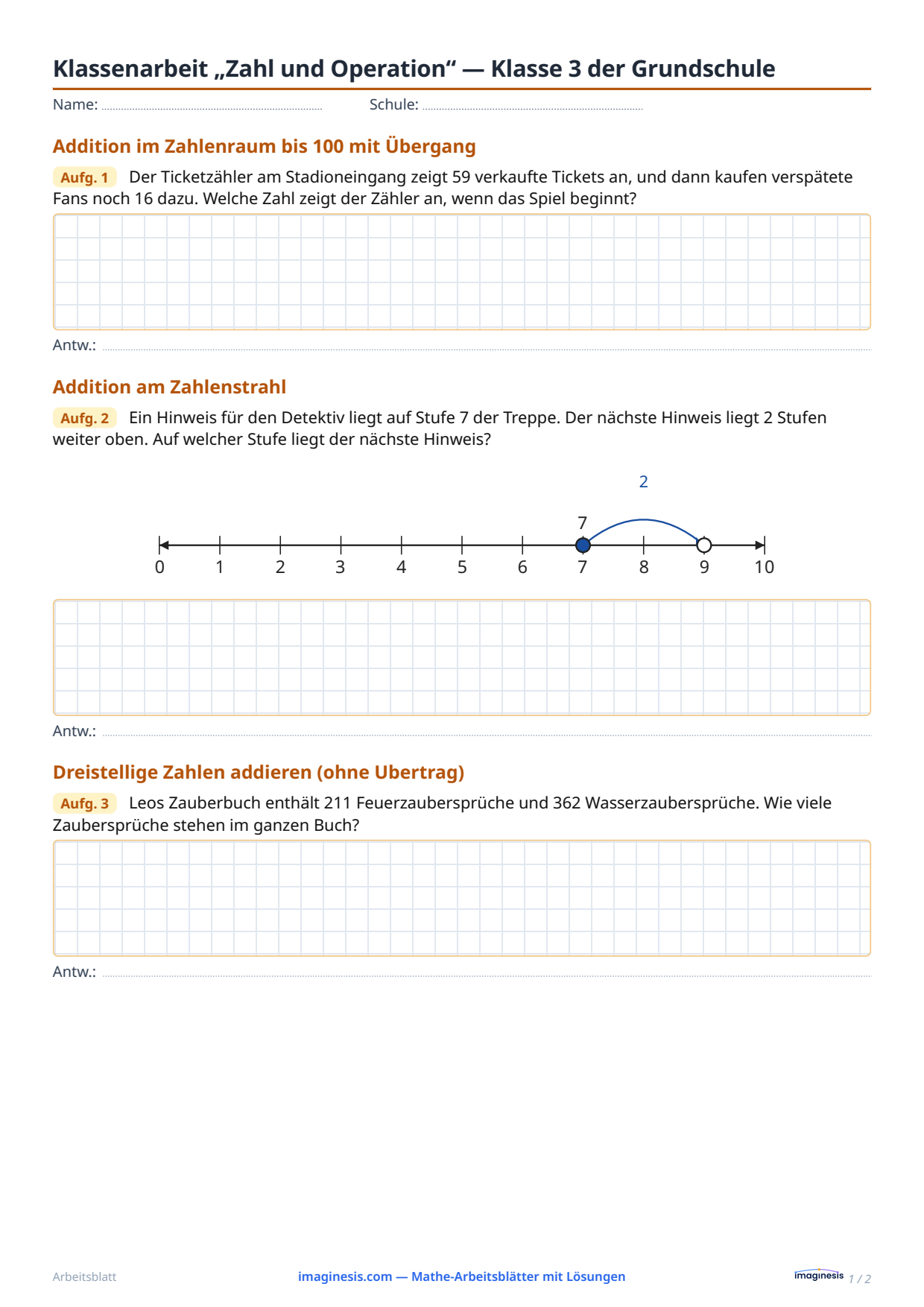 Klassenarbeit „Zahl und Operation“ — Klasse 3 der Grundschule — Schülerblatt: Mathe-Arbeitsblatt zum Ausdrucken (Klasse 3 der Grundschule, Deutschland)