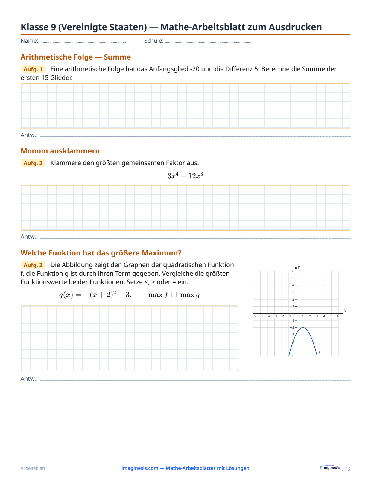 Klasse 9 (Vereinigte Staaten) — Mathe-Arbeitsblatt zum Ausdrucken — Schülerblatt: Mathe-Arbeitsblatt zum Ausdrucken (Klasse 9, Vereinigte Staaten)