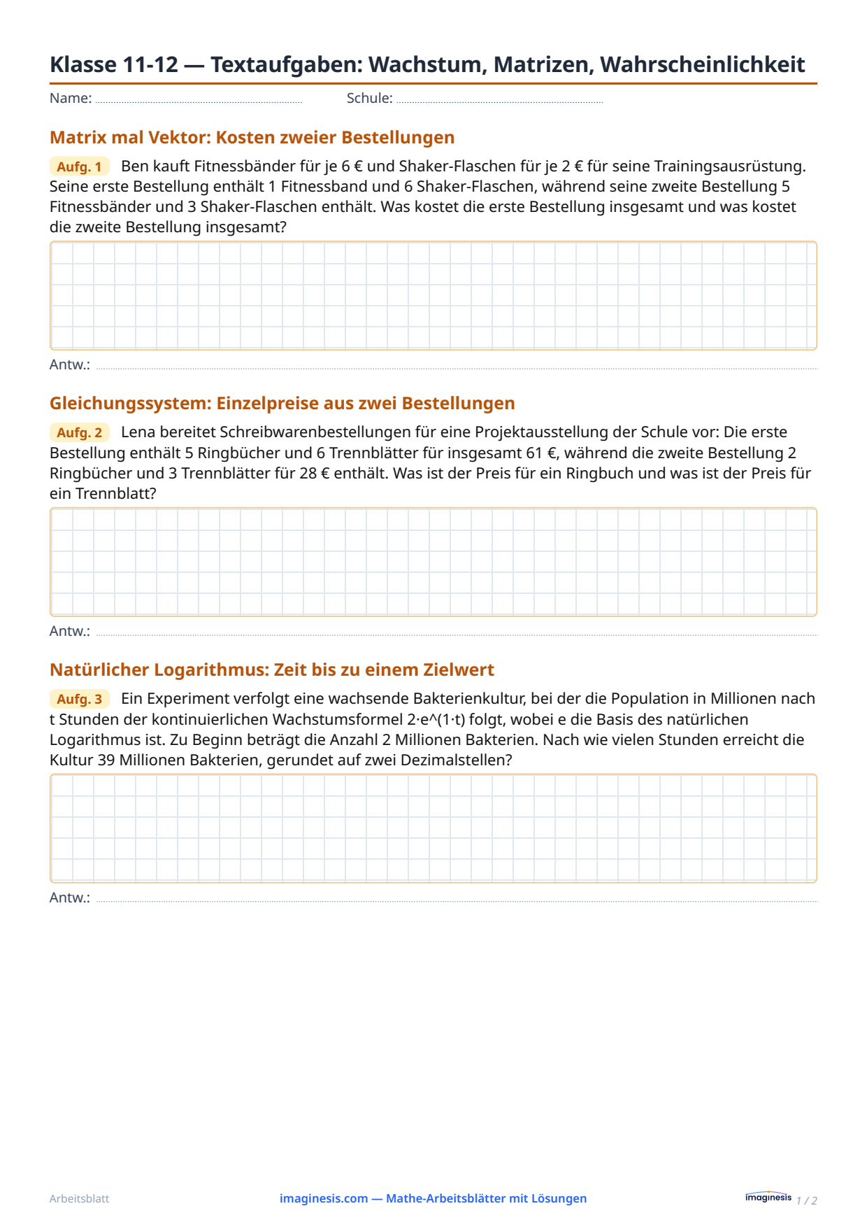 Klasse 11-12 — Textaufgaben: Wachstum, Matrizen, Wahrscheinlichkeit — Schülerblatt: Mathe-Arbeitsblatt zum Ausdrucken (Klassen 11–12, Deutschland)