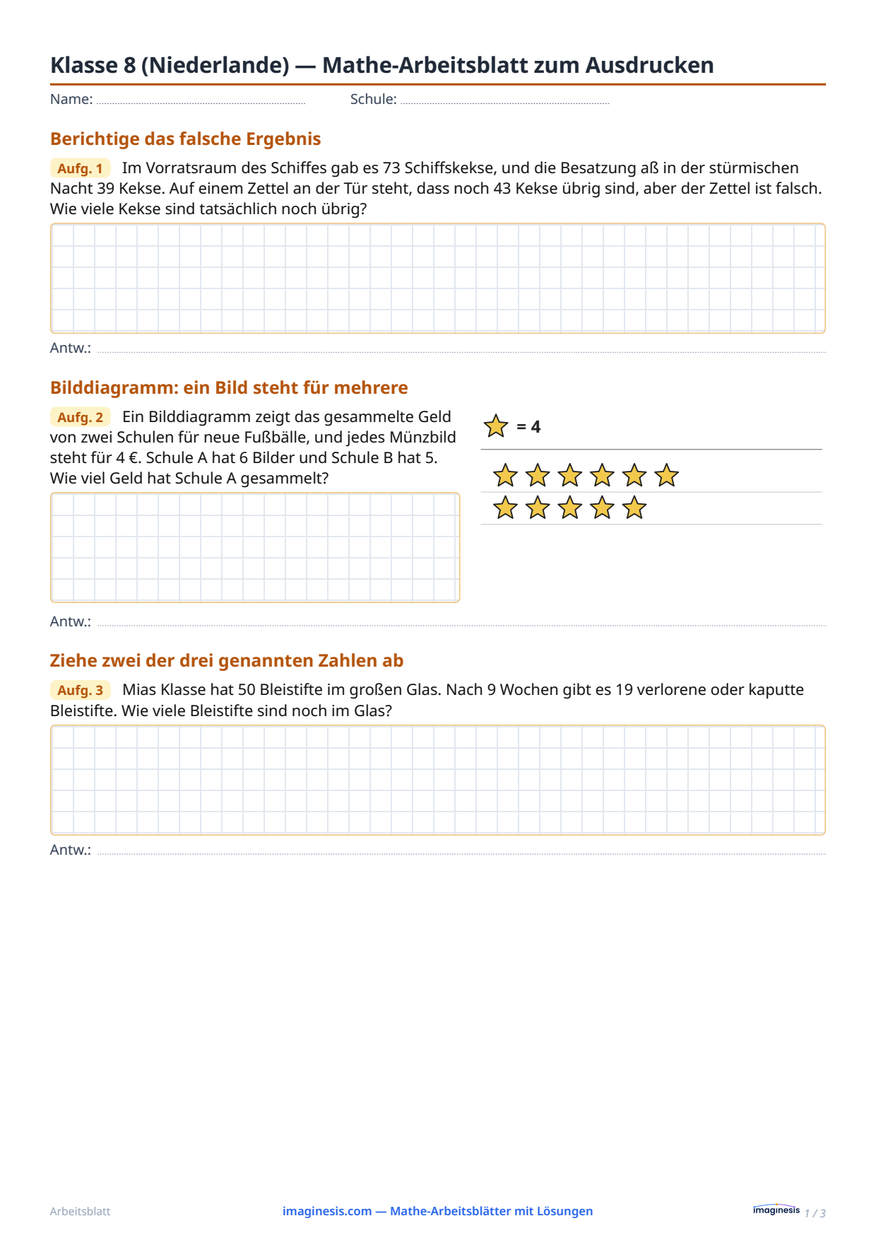 Klasse 8 (Niederlande) — Mathe-Arbeitsblatt zum Ausdrucken — Schülerblatt: Mathe-Arbeitsblatt zum Ausdrucken (Klasse 8, Niederlande)