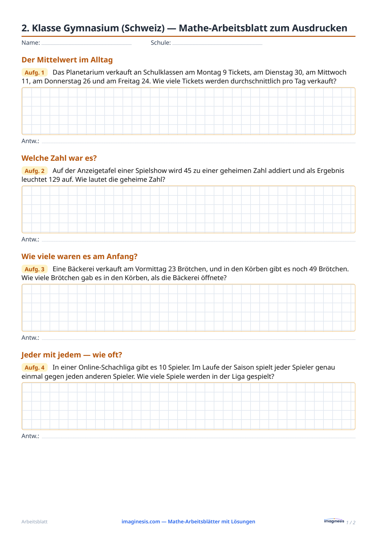 2. Klasse Gymnasium (Schweiz) — Mathe-Arbeitsblatt zum Ausdrucken — Schülerblatt: Mathe-Arbeitsblatt zum Ausdrucken (2. Klasse Gymnasium, Schweiz)