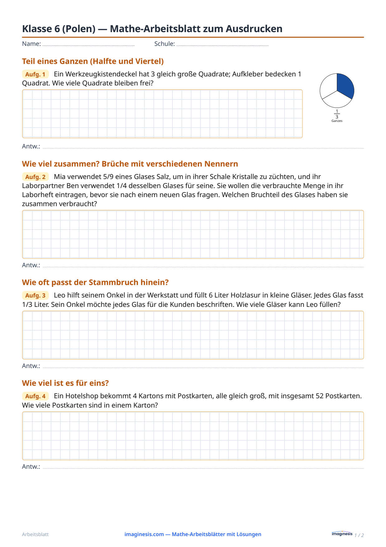 Klasse 6 (Polen) — Mathe-Arbeitsblatt zum Ausdrucken — Schülerblatt: Mathe-Arbeitsblatt zum Ausdrucken (Klasse 6, Polen)