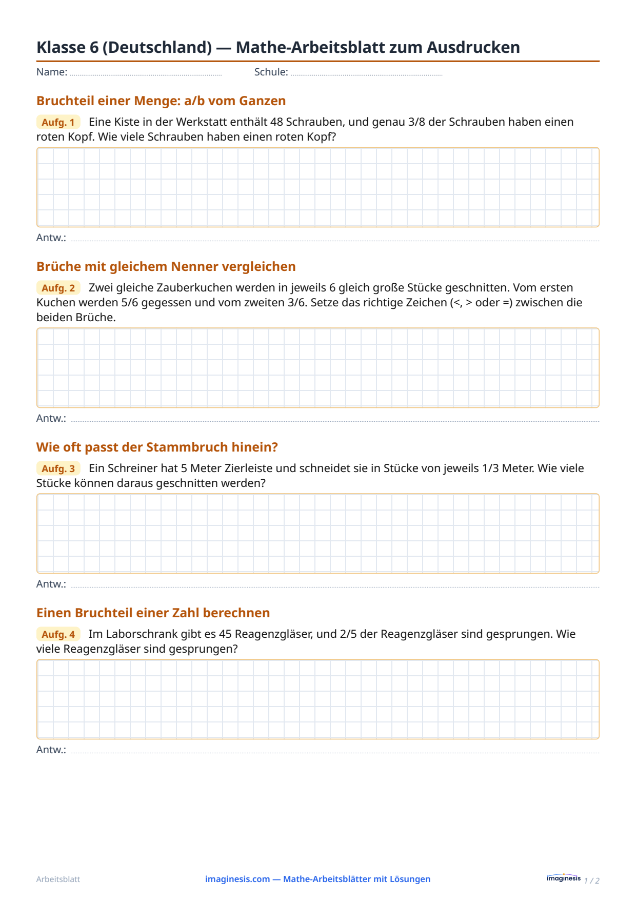 Klasse 6 (Deutschland) — Mathe-Arbeitsblatt zum Ausdrucken — Schülerblatt: Mathe-Arbeitsblatt zum Ausdrucken (Klasse 6, Deutschland)