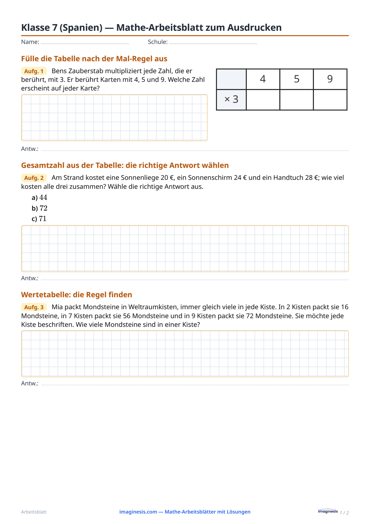 Klasse 7 (Spanien) — Mathe-Arbeitsblatt zum Ausdrucken — Schülerblatt: Mathe-Arbeitsblatt zum Ausdrucken (Klasse 7, Spanien)