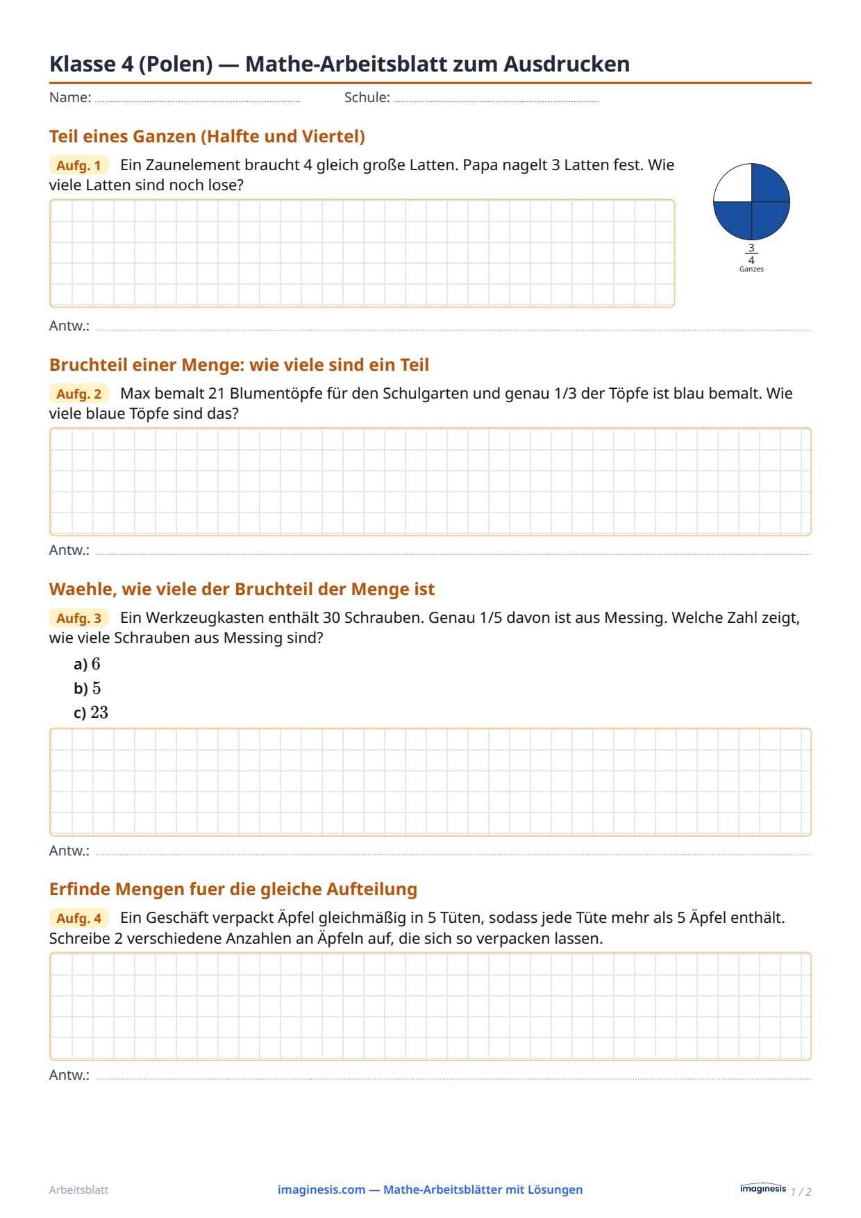 Klasse 4 (Polen) — Mathe-Arbeitsblatt zum Ausdrucken — Schülerblatt: Mathe-Arbeitsblatt zum Ausdrucken (Klasse 4, Polen)