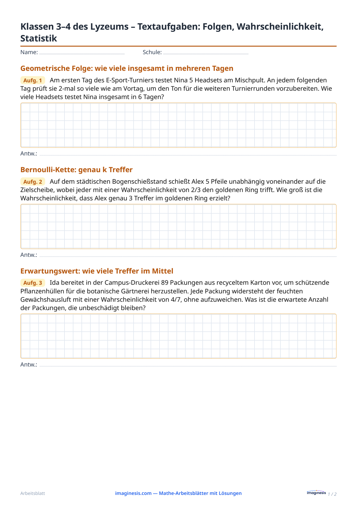 Klassen 3–4 des Lyzeums – Textaufgaben: Folgen, Wahrscheinlichkeit, Statistik — Schülerblatt: Mathe-Arbeitsblatt zum Ausdrucken (Klassen 11–12, Polen)