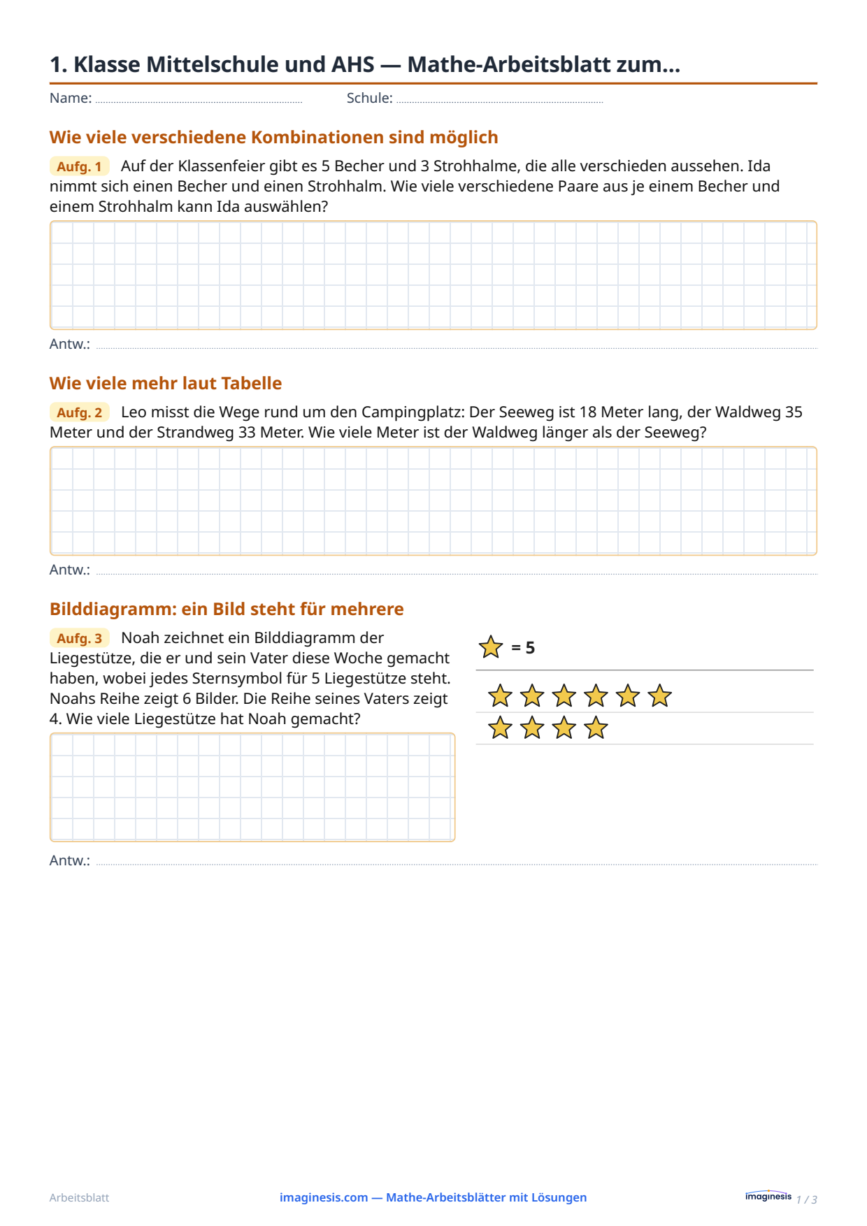 1. Klasse Mittelschule und AHS — Mathe-Arbeitsblatt zum… — Schülerblatt: Mathe-Arbeitsblatt zum Ausdrucken (1. Klasse Mittelschule und AHS, Österreich)