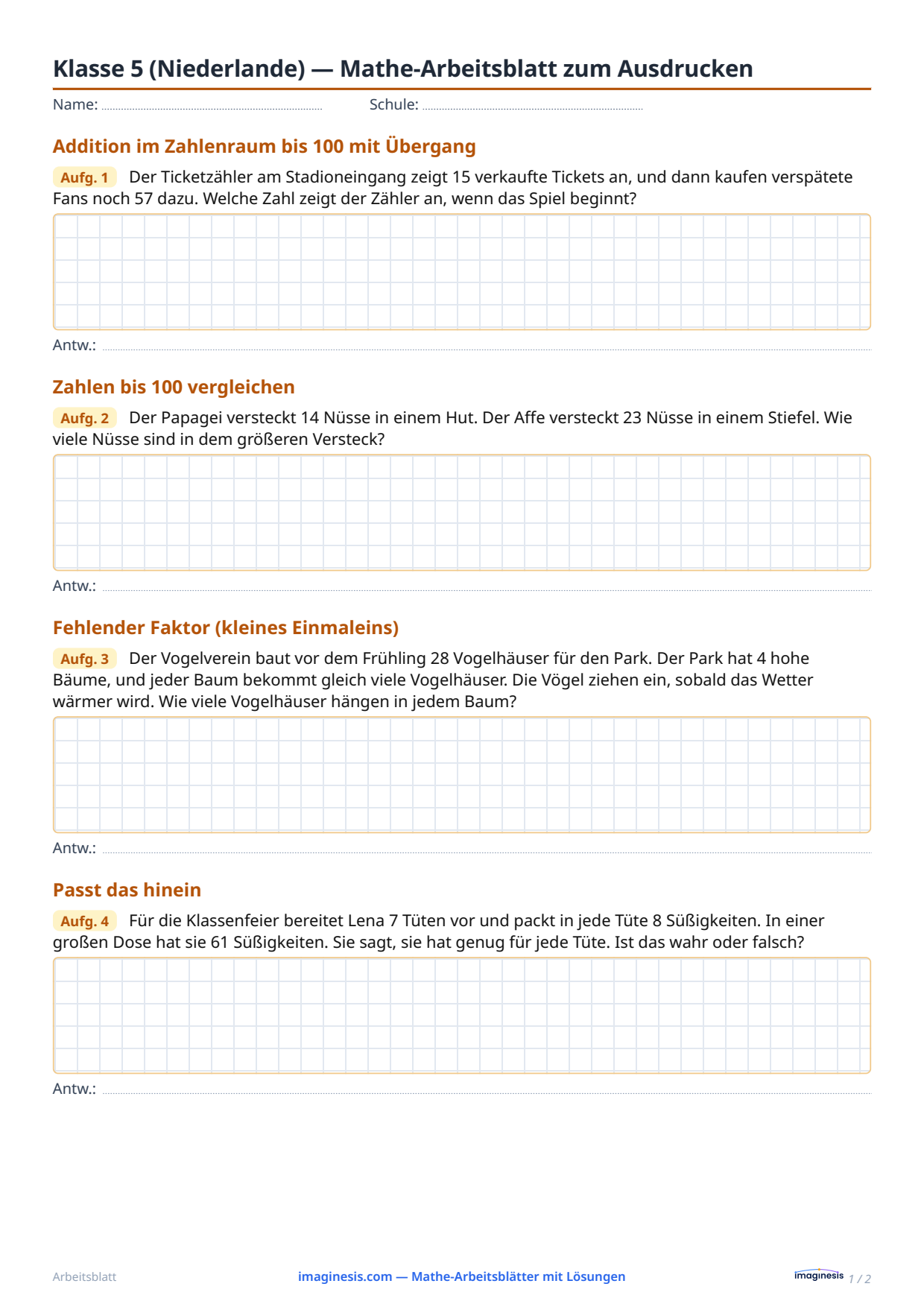 Klasse 5 (Niederlande) — Mathe-Arbeitsblatt zum Ausdrucken — Schülerblatt: Mathe-Arbeitsblatt zum Ausdrucken (Klasse 5, Niederlande)