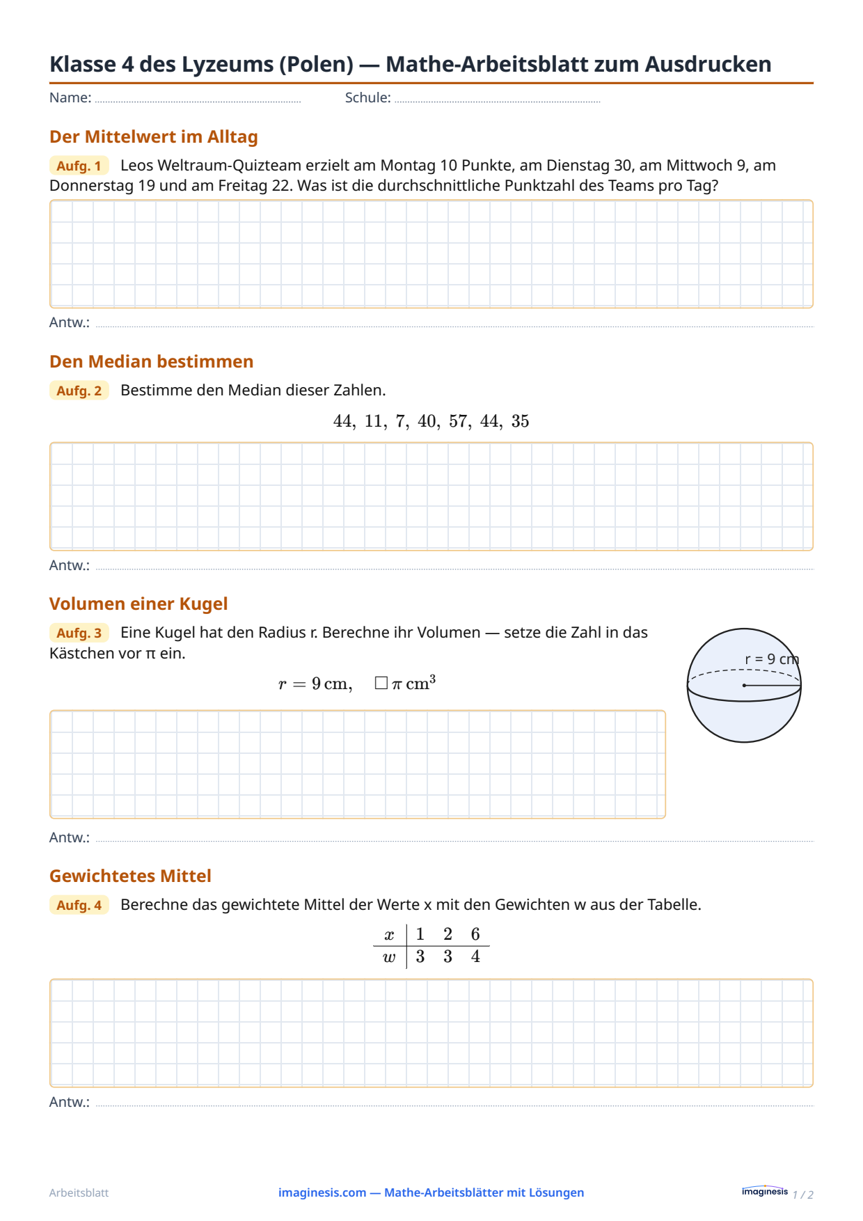 Klasse 4 des Lyzeums (Polen) — Mathe-Arbeitsblatt zum Ausdrucken — Schülerblatt: Mathe-Arbeitsblatt zum Ausdrucken (Klasse 4 des Lyzeums, Polen)