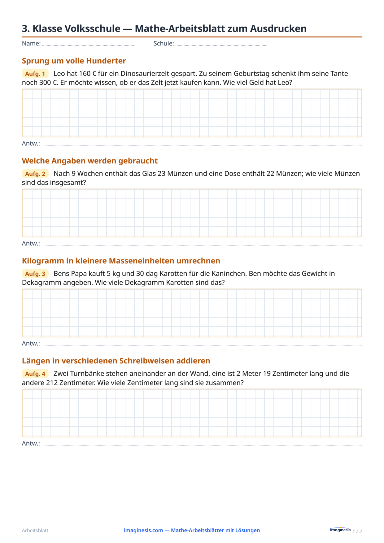 3. Klasse Volksschule — Mathe-Arbeitsblatt zum Ausdrucken — Schülerblatt: Mathe-Arbeitsblatt zum Ausdrucken (3. Klasse Volksschule, Österreich)
