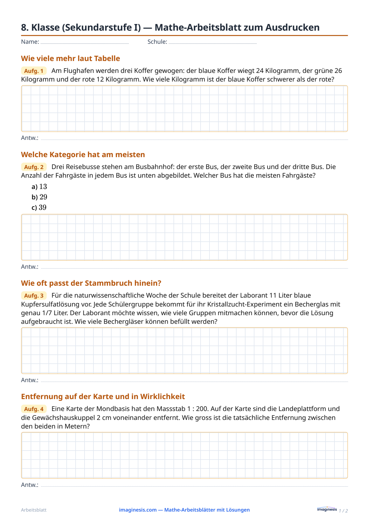 8. Klasse (Sekundarstufe I) — Mathe-Arbeitsblatt zum Ausdrucken — Schülerblatt: Mathe-Arbeitsblatt zum Ausdrucken (8. Klasse (Sekundarstufe I), Schweiz)
